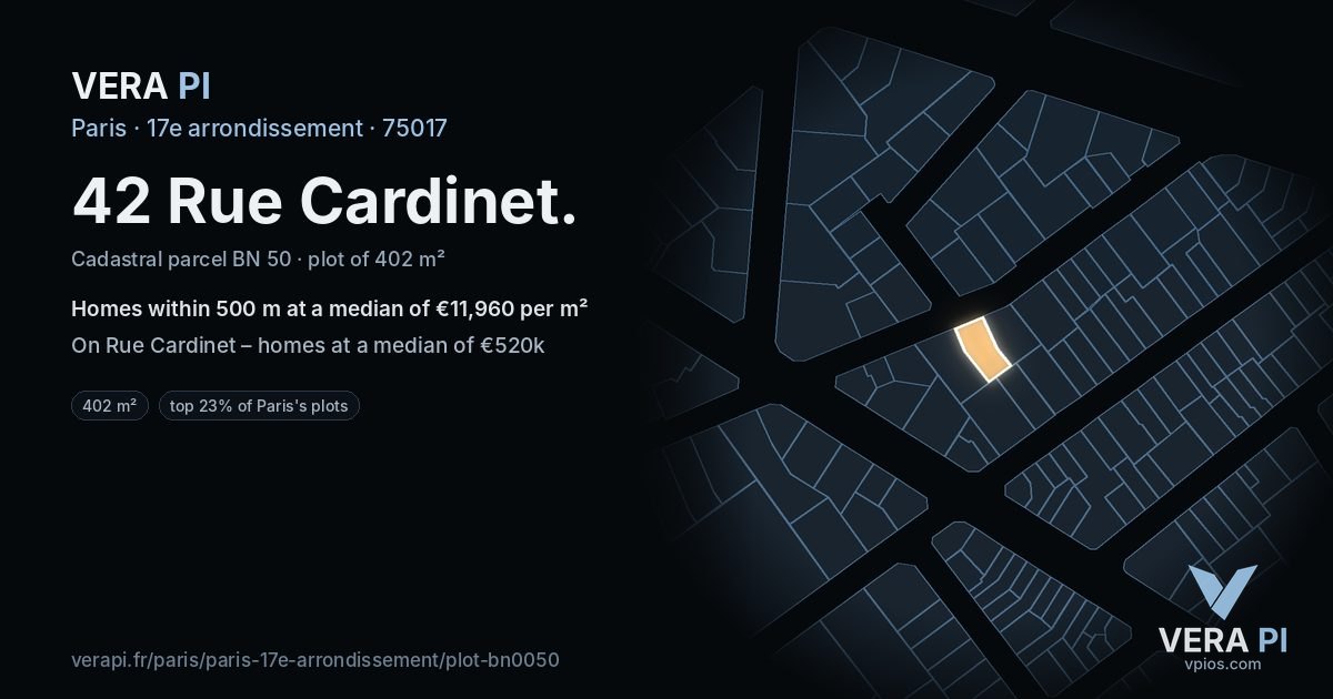 42 Rue Cardinet, 17e arrondissement at night – the plot lit, the parcels around coloured by the prices near them