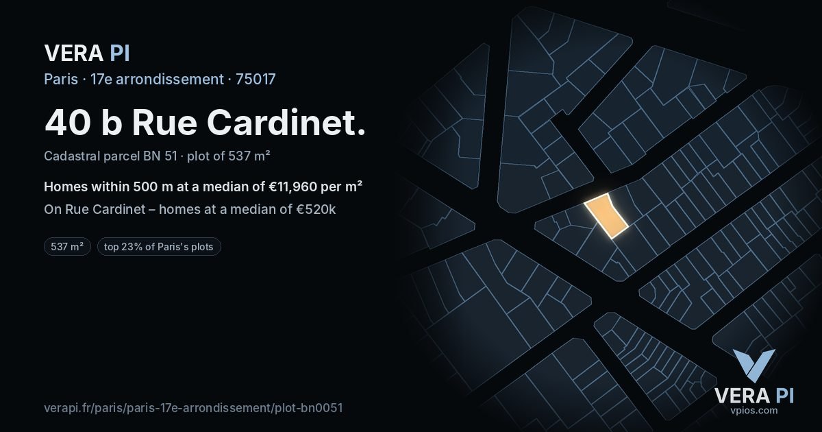 40 b Rue Cardinet, 17e arrondissement at night – the plot lit, the parcels around coloured by the prices near them