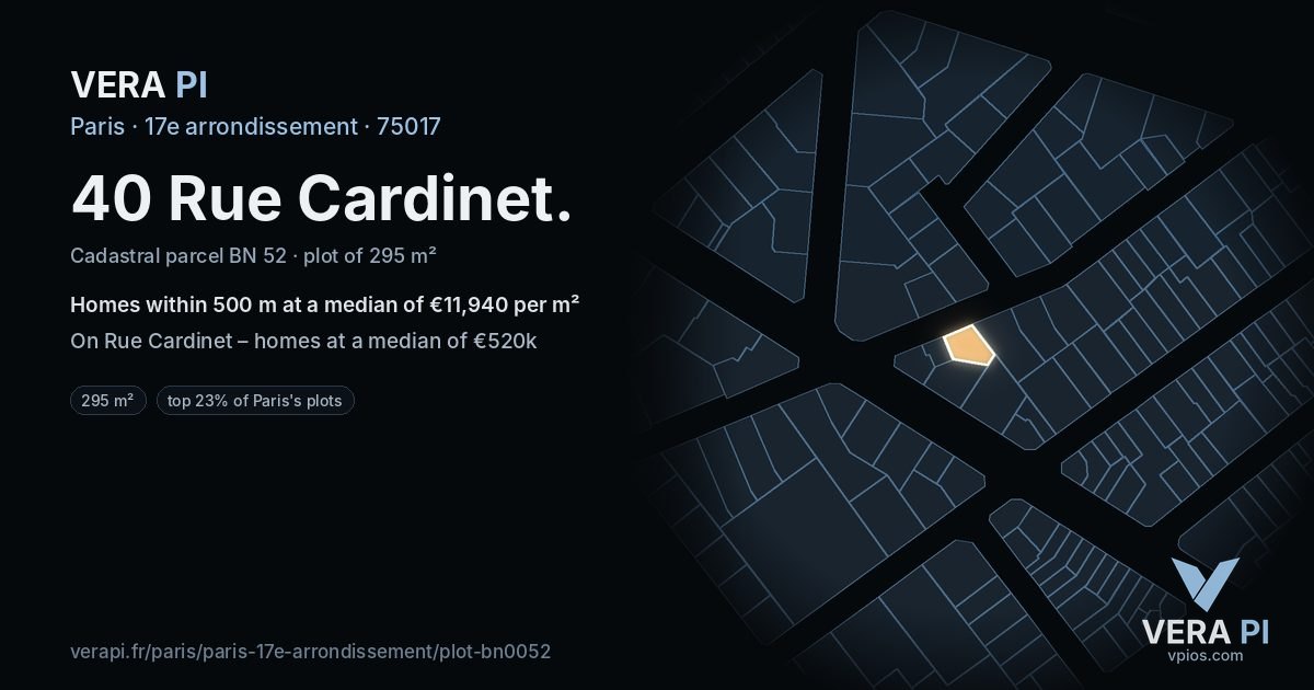 40 Rue Cardinet, 17e arrondissement at night – the plot lit, the parcels around coloured by the prices near them