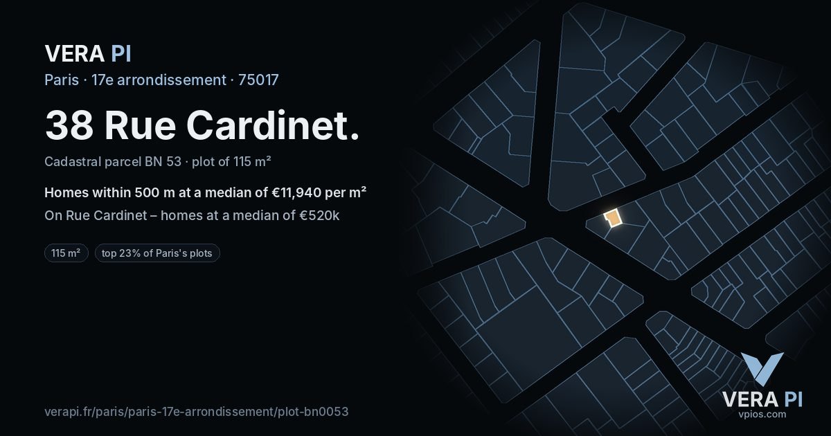 38 Rue Cardinet, 17e arrondissement at night – the plot lit, the parcels around coloured by the prices near them