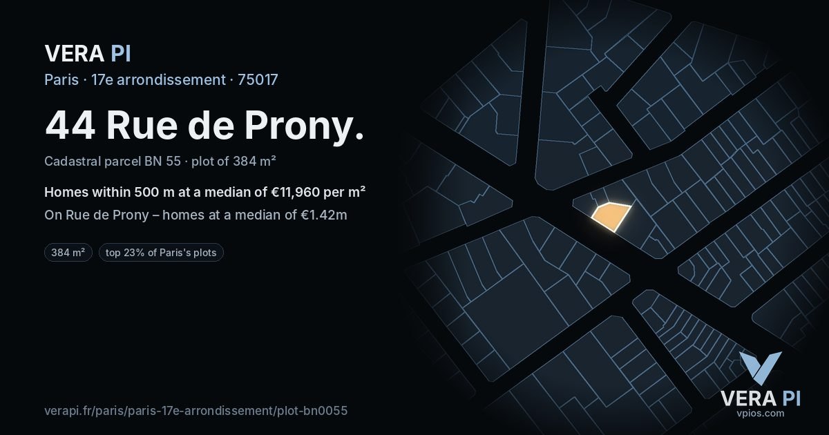 44 Rue de Prony, 17e arrondissement at night – the plot lit, the parcels around coloured by the prices near them