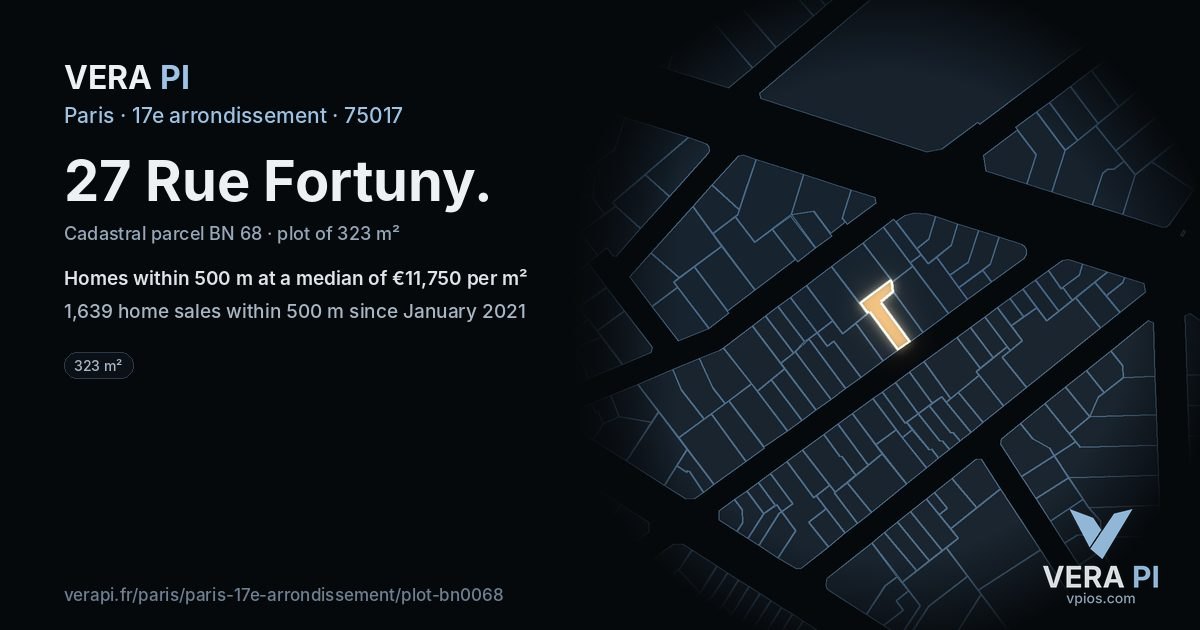 27 Rue Fortuny, 17e arrondissement at night – the plot lit, the parcels around coloured by the prices near them