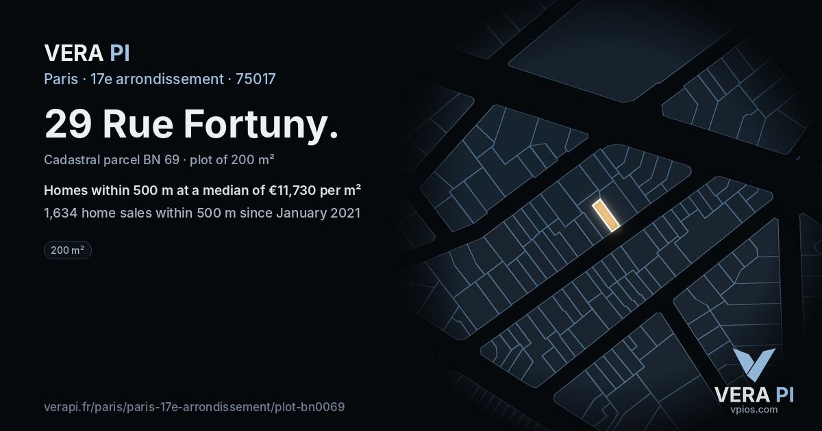 29 Rue Fortuny, 17e arrondissement at night – the plot lit, the parcels around coloured by the prices near them