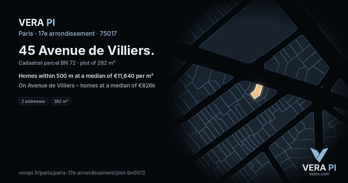 45 Avenue de Villiers, 17e arrondissement at night – the plot lit, the parcels around coloured by the prices near them