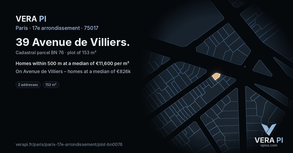 39 Avenue de Villiers, 17e arrondissement at night – the plot lit, the parcels around coloured by the prices near them