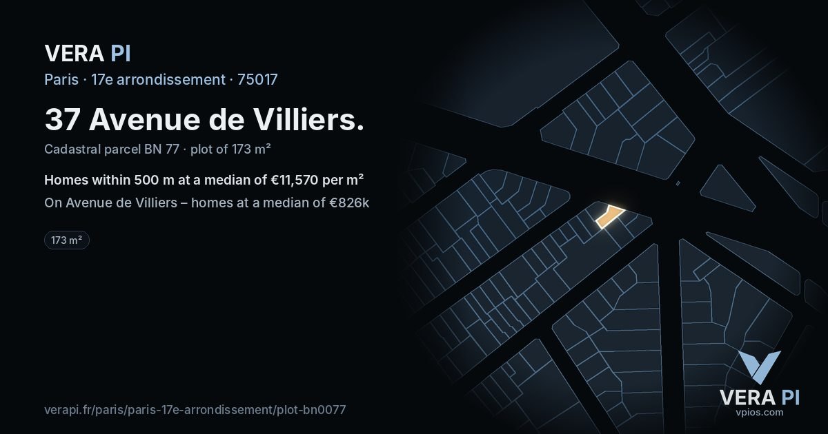 37 Avenue de Villiers, 17e arrondissement at night – the plot lit, the parcels around coloured by the prices near them