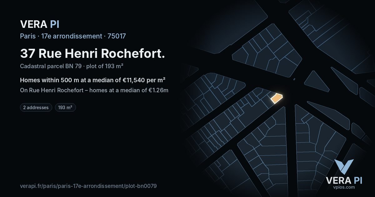 37 Rue Henri Rochefort, 17e arrondissement at night – the plot lit, the parcels around coloured by the prices near them