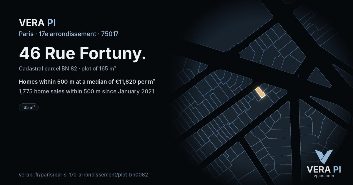 46 Rue Fortuny, 17e arrondissement at night – the plot lit, the parcels around coloured by the prices near them