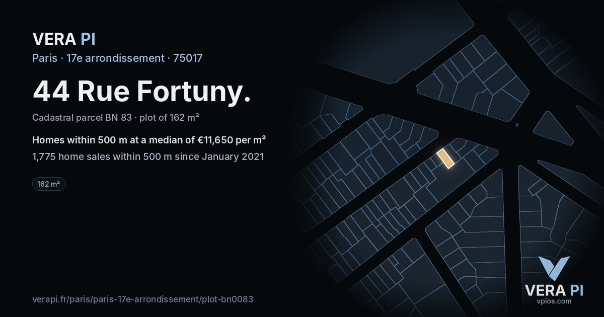 44 Rue Fortuny, 17e arrondissement at night – the plot lit, the parcels around coloured by the prices near them
