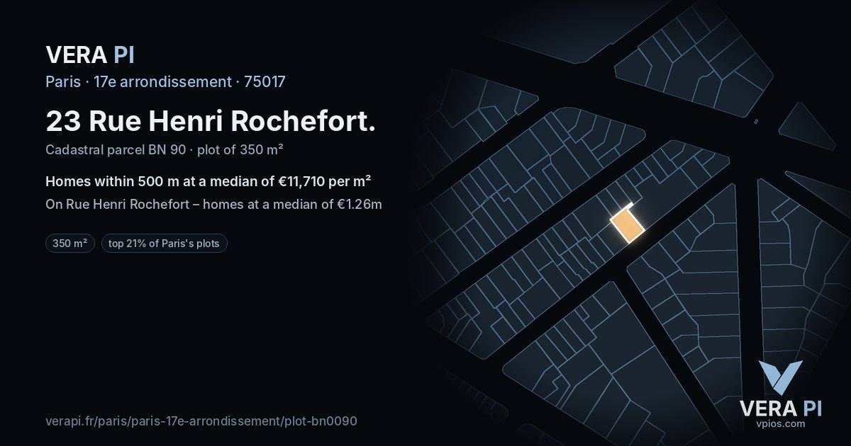 23 Rue Henri Rochefort, 17e arrondissement at night – the plot lit, the parcels around coloured by the prices near them