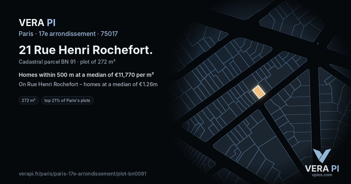21 Rue Henri Rochefort, 17e arrondissement at night – the plot lit, the parcels around coloured by the prices near them