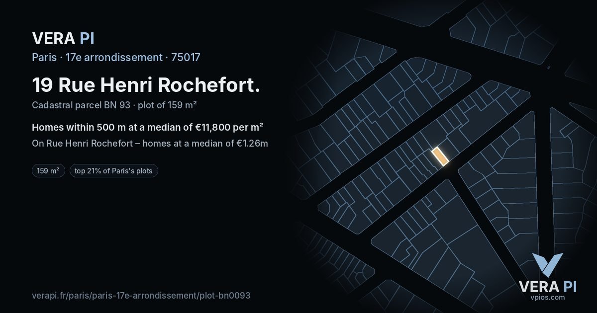 19 Rue Henri Rochefort, 17e arrondissement at night – the plot lit, the parcels around coloured by the prices near them