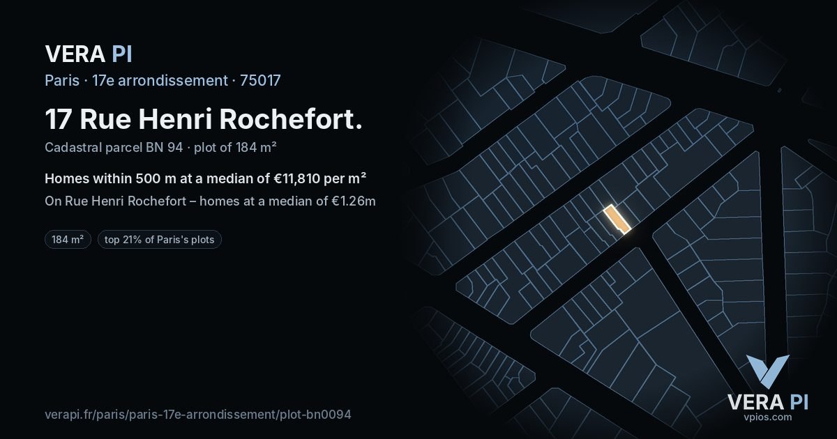 17 Rue Henri Rochefort, 17e arrondissement at night – the plot lit, the parcels around coloured by the prices near them