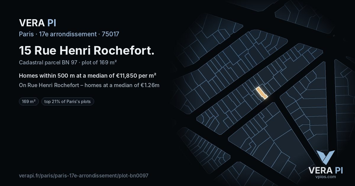 15 Rue Henri Rochefort, 17e arrondissement at night – the plot lit, the parcels around coloured by the prices near them