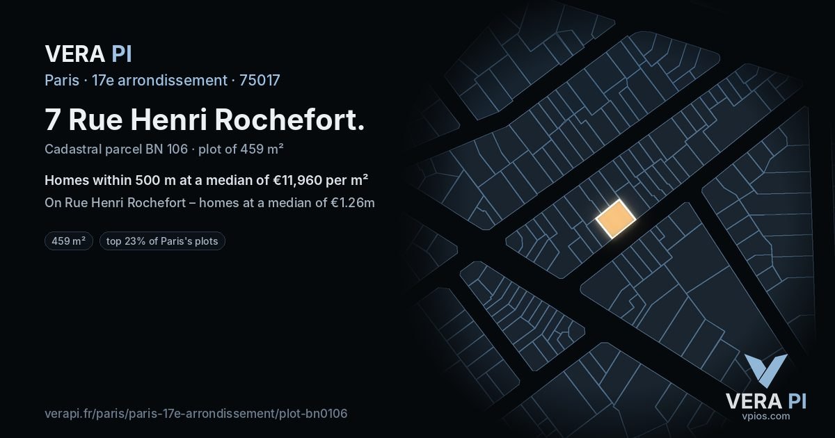 7 Rue Henri Rochefort, 17e arrondissement at night – the plot lit, the parcels around coloured by the prices near them