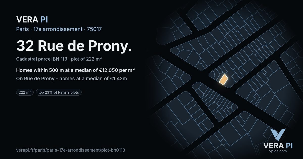 32 Rue de Prony, 17e arrondissement at night – the plot lit, the parcels around coloured by the prices near them