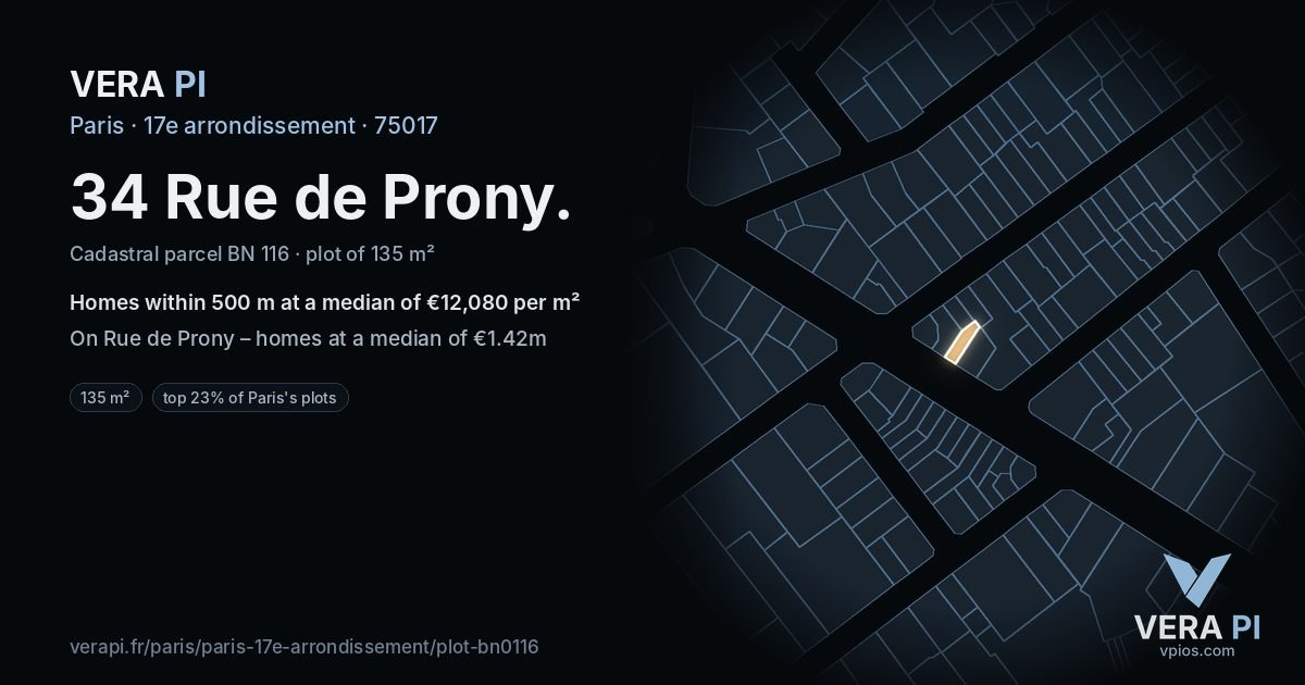 34 Rue de Prony, 17e arrondissement at night – the plot lit, the parcels around coloured by the prices near them