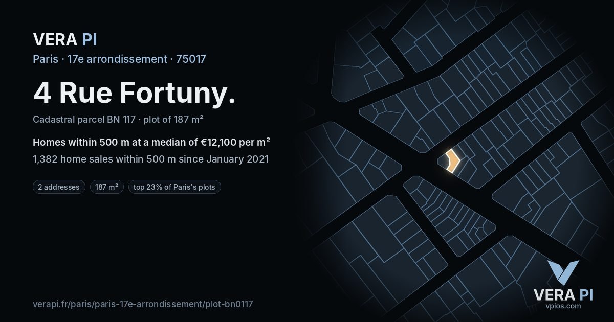 4 Rue Fortuny, 17e arrondissement at night – the plot lit, the parcels around coloured by the prices near them