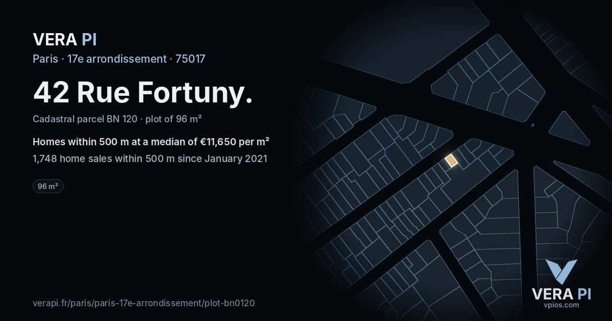 42 Rue Fortuny, 17e arrondissement at night – the plot lit, the parcels around coloured by the prices near them