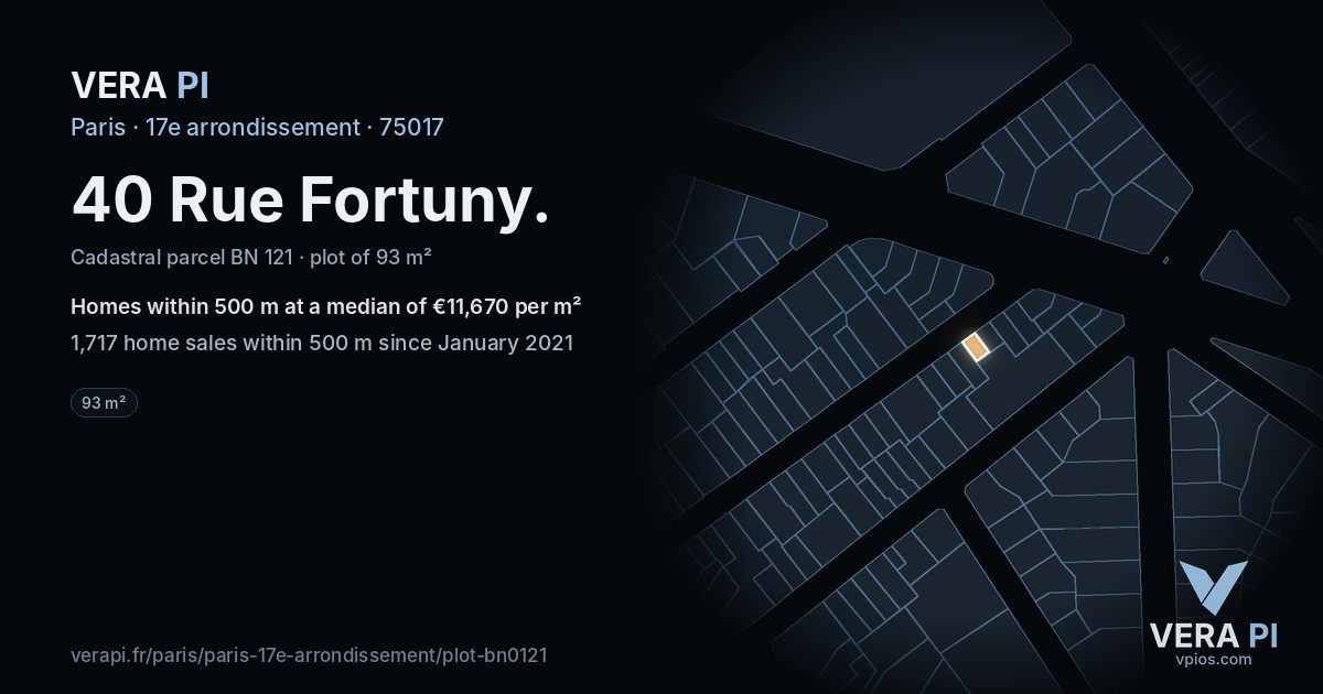 40 Rue Fortuny, 17e arrondissement at night – the plot lit, the parcels around coloured by the prices near them