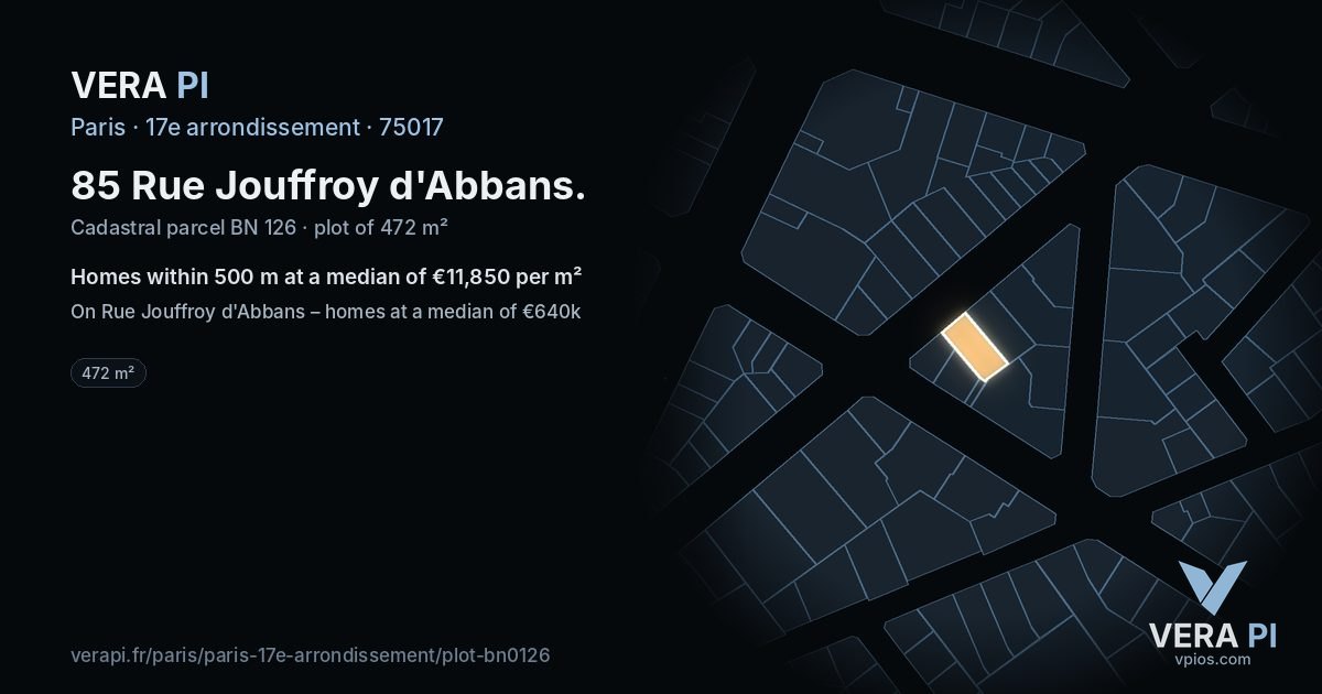 85 Rue Jouffroy d'Abbans, 17e arrondissement at night – the plot lit, the parcels around coloured by the prices near them