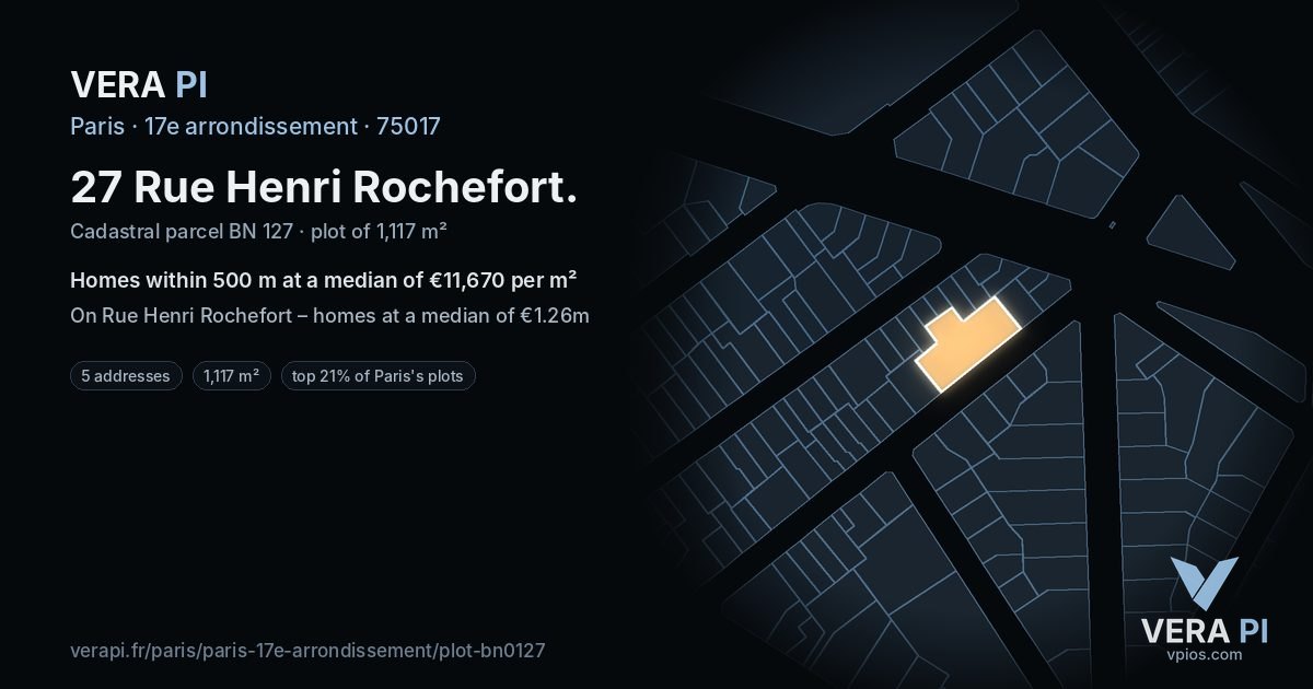 27 Rue Henri Rochefort, 17e arrondissement at night – the plot lit, the parcels around coloured by the prices near them