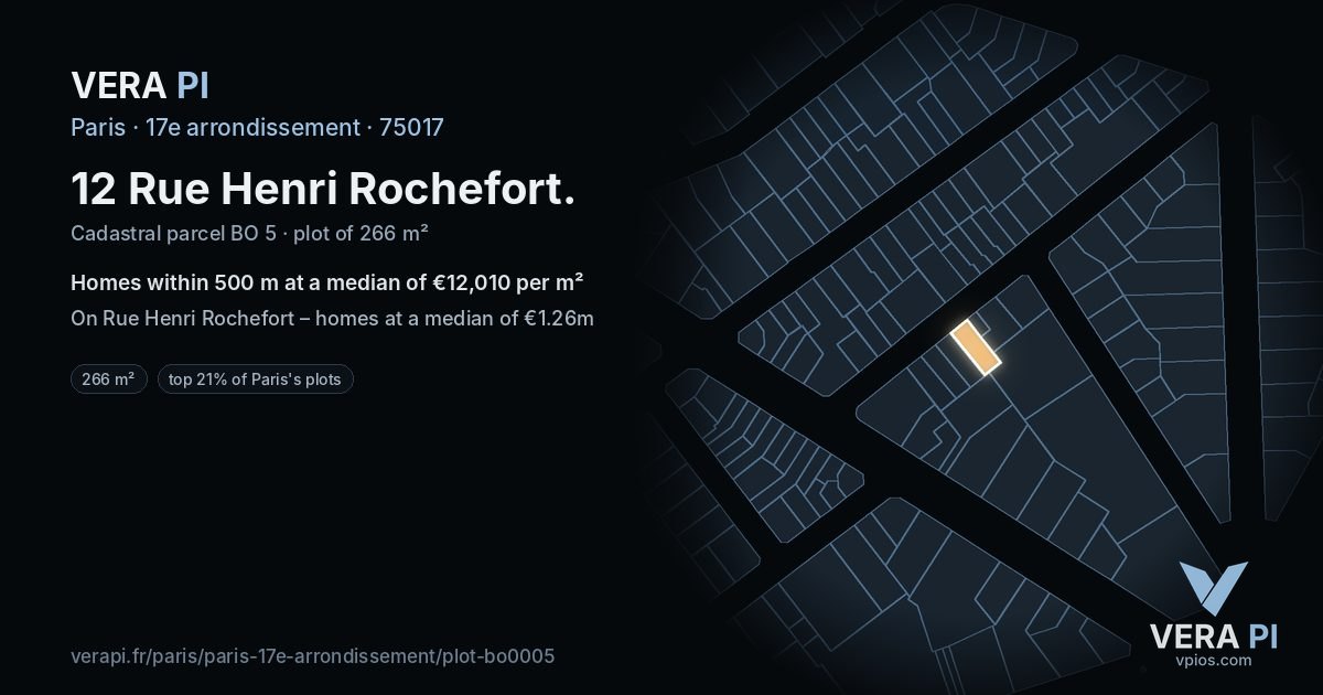 12 Rue Henri Rochefort, 17e arrondissement at night – the plot lit, the parcels around coloured by the prices near them