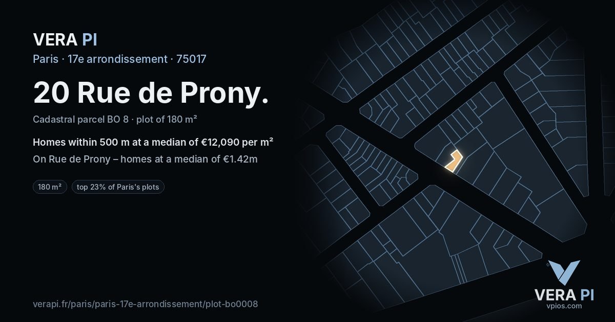 20 Rue de Prony, 17e arrondissement at night – the plot lit, the parcels around coloured by the prices near them