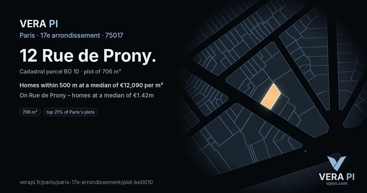 12 Rue de Prony, 17e arrondissement at night – the plot lit, the parcels around coloured by the prices near them