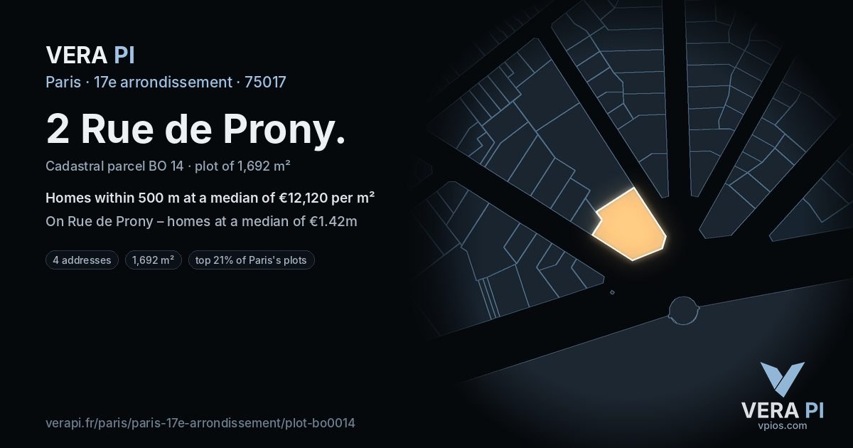 2 Rue de Prony, 17e arrondissement at night – the plot lit, the parcels around coloured by the prices near them