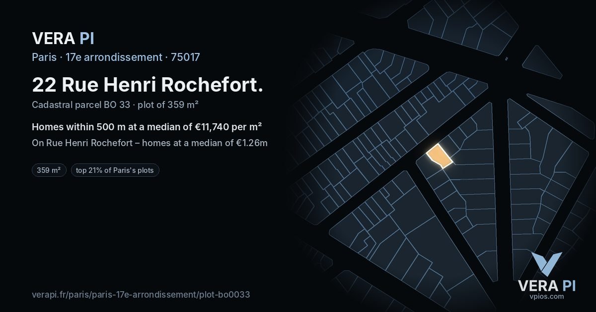 22 Rue Henri Rochefort, 17e arrondissement at night – the plot lit, the parcels around coloured by the prices near them