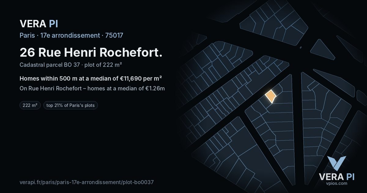 26 Rue Henri Rochefort, 17e arrondissement at night – the plot lit, the parcels around coloured by the prices near them