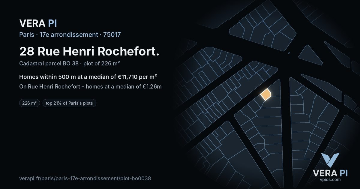 28 Rue Henri Rochefort, 17e arrondissement at night – the plot lit, the parcels around coloured by the prices near them