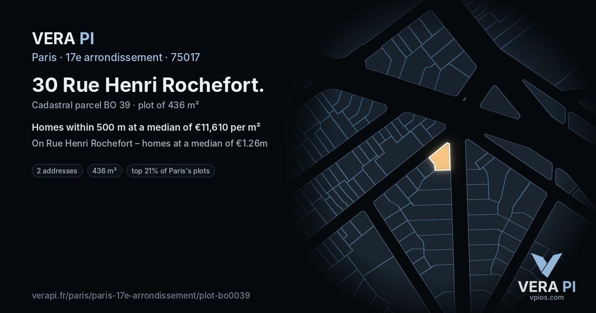 30 Rue Henri Rochefort, 17e arrondissement at night – the plot lit, the parcels around coloured by the prices near them
