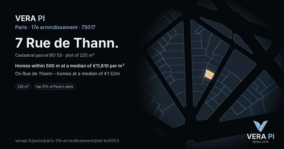 7 Rue de Thann, 17e arrondissement at night – the plot lit, the parcels around coloured by the prices near them