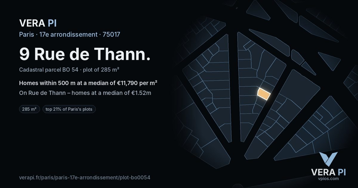 9 Rue de Thann, 17e arrondissement at night – the plot lit, the parcels around coloured by the prices near them