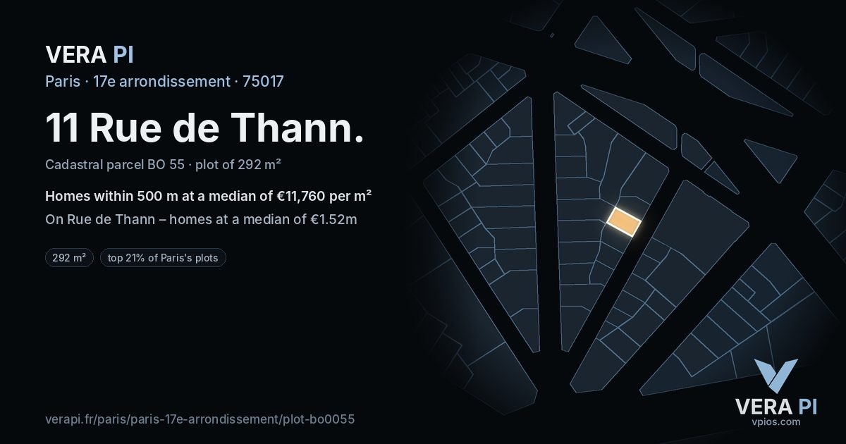 11 Rue de Thann, 17e arrondissement at night – the plot lit, the parcels around coloured by the prices near them