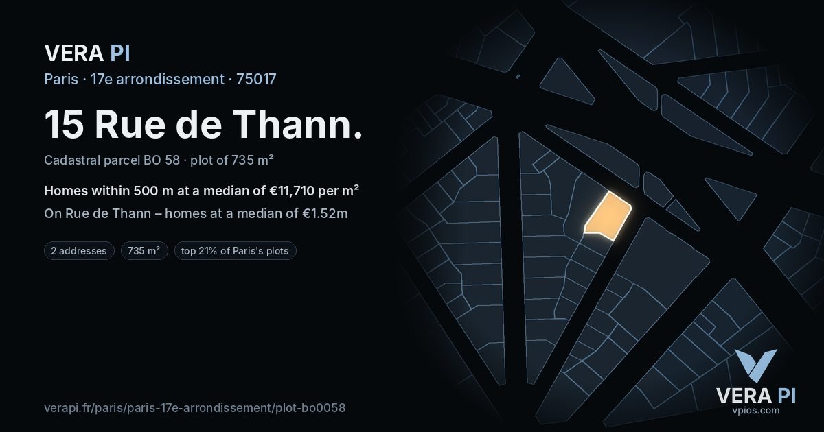 15 Rue de Thann, 17e arrondissement at night – the plot lit, the parcels around coloured by the prices near them