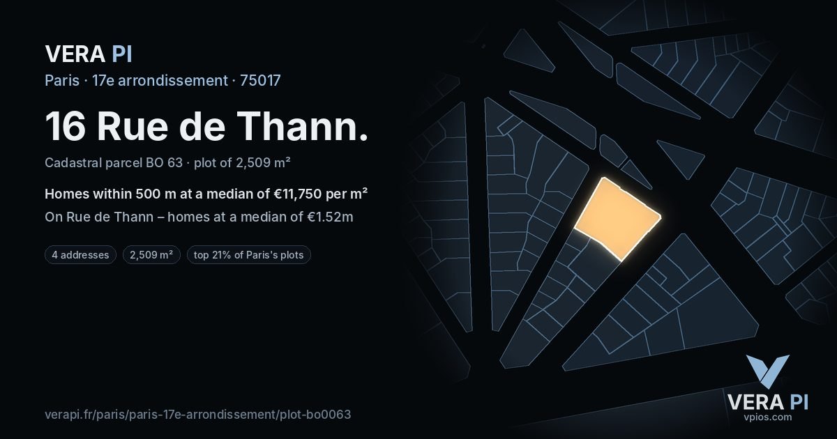 16 Rue de Thann, 17e arrondissement at night – the plot lit, the parcels around coloured by the prices near them