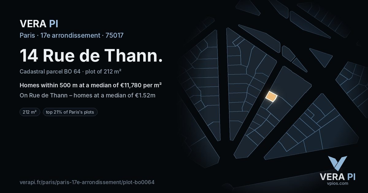14 Rue de Thann, 17e arrondissement at night – the plot lit, the parcels around coloured by the prices near them