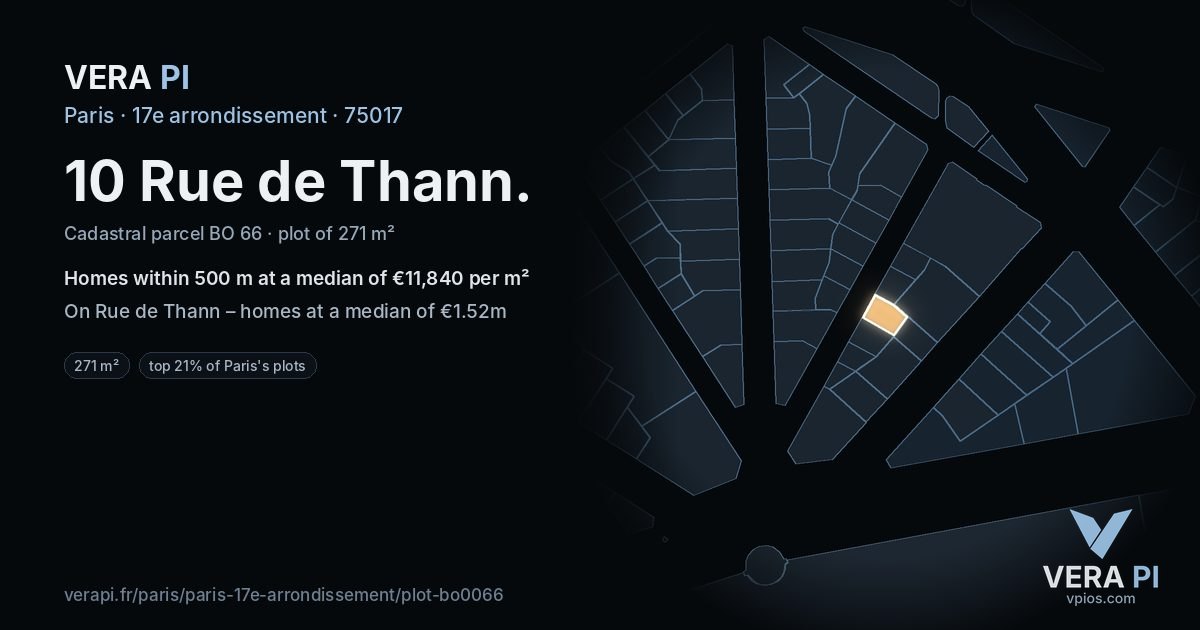 10 Rue de Thann, 17e arrondissement at night – the plot lit, the parcels around coloured by the prices near them