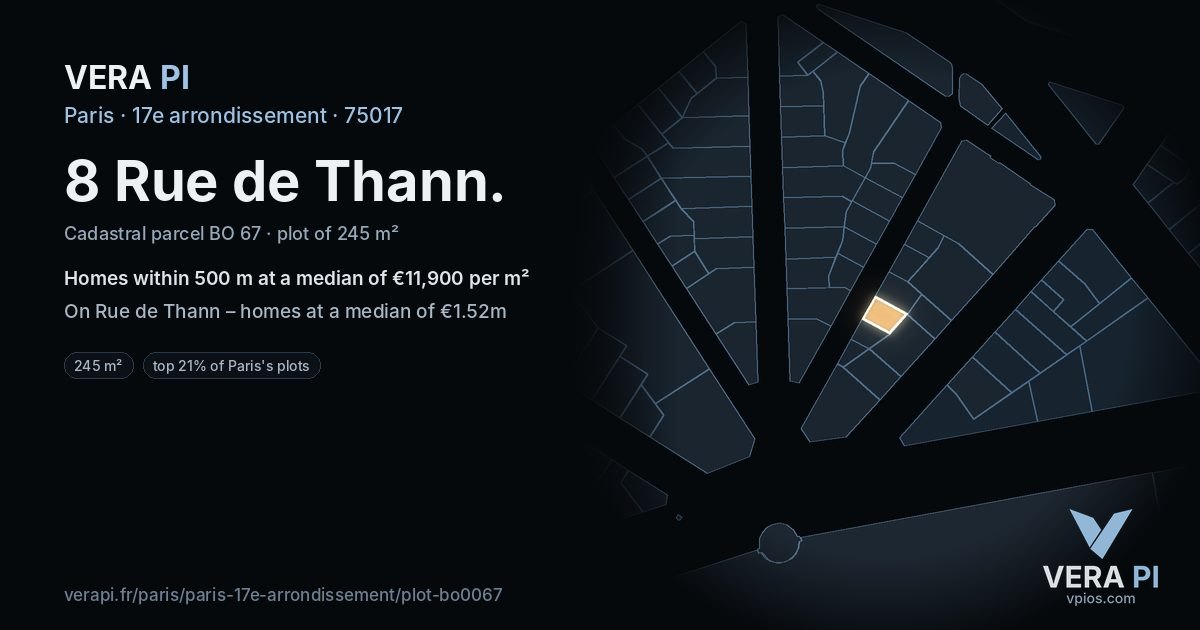 8 Rue de Thann, 17e arrondissement at night – the plot lit, the parcels around coloured by the prices near them