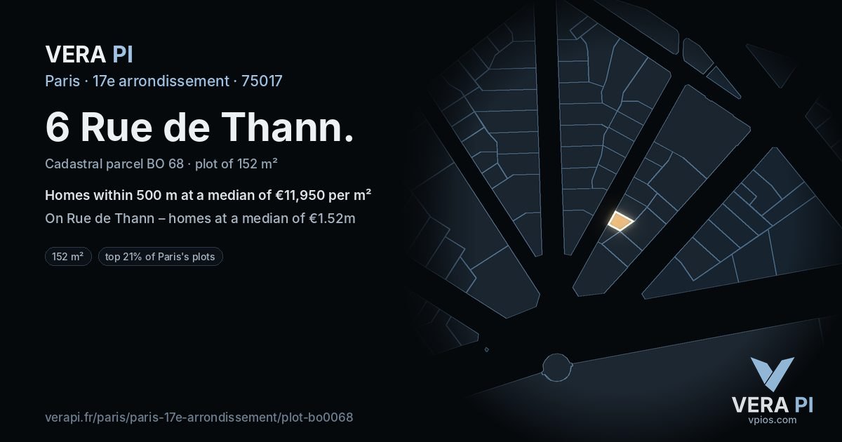 6 Rue de Thann, 17e arrondissement at night – the plot lit, the parcels around coloured by the prices near them