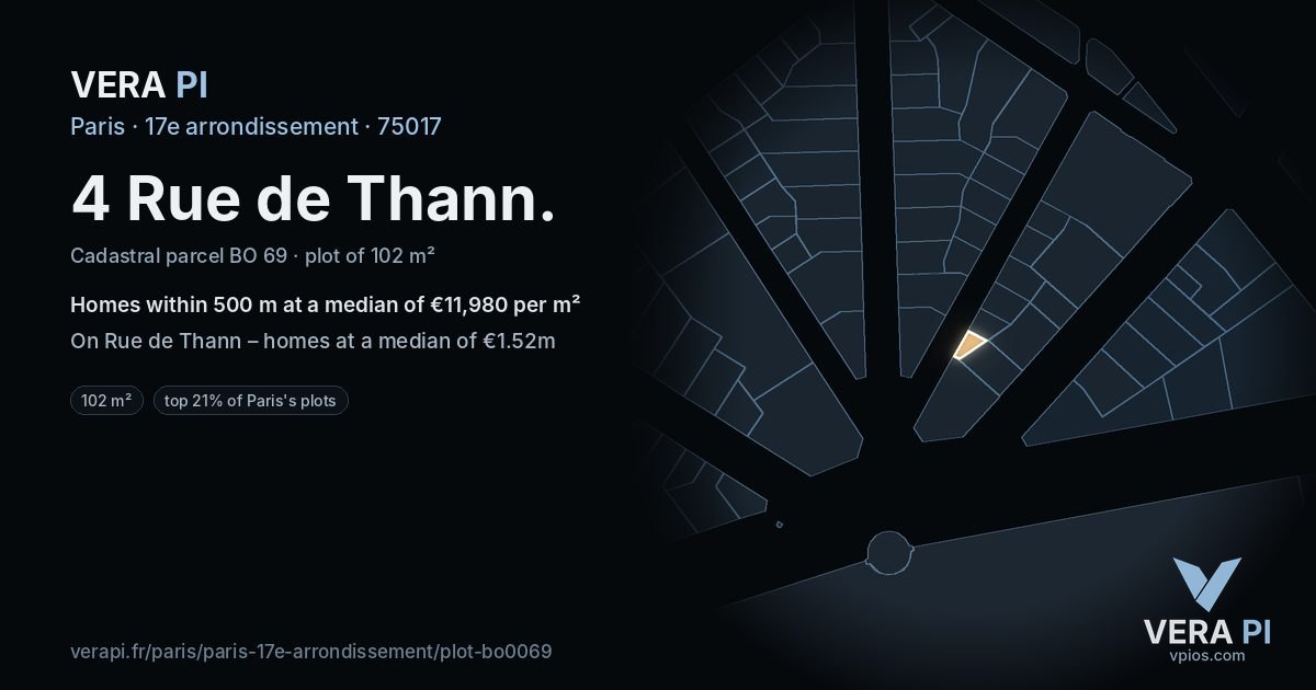 4 Rue de Thann, 17e arrondissement at night – the plot lit, the parcels around coloured by the prices near them