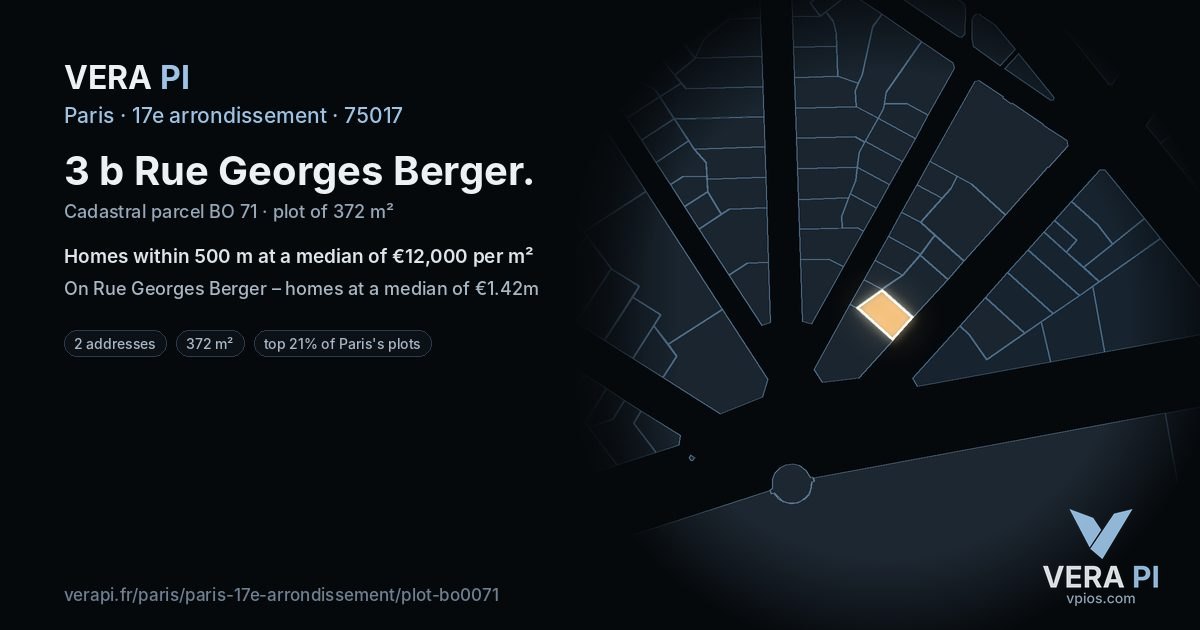 3 b Rue Georges Berger, 17e arrondissement at night – the plot lit, the parcels around coloured by the prices near them