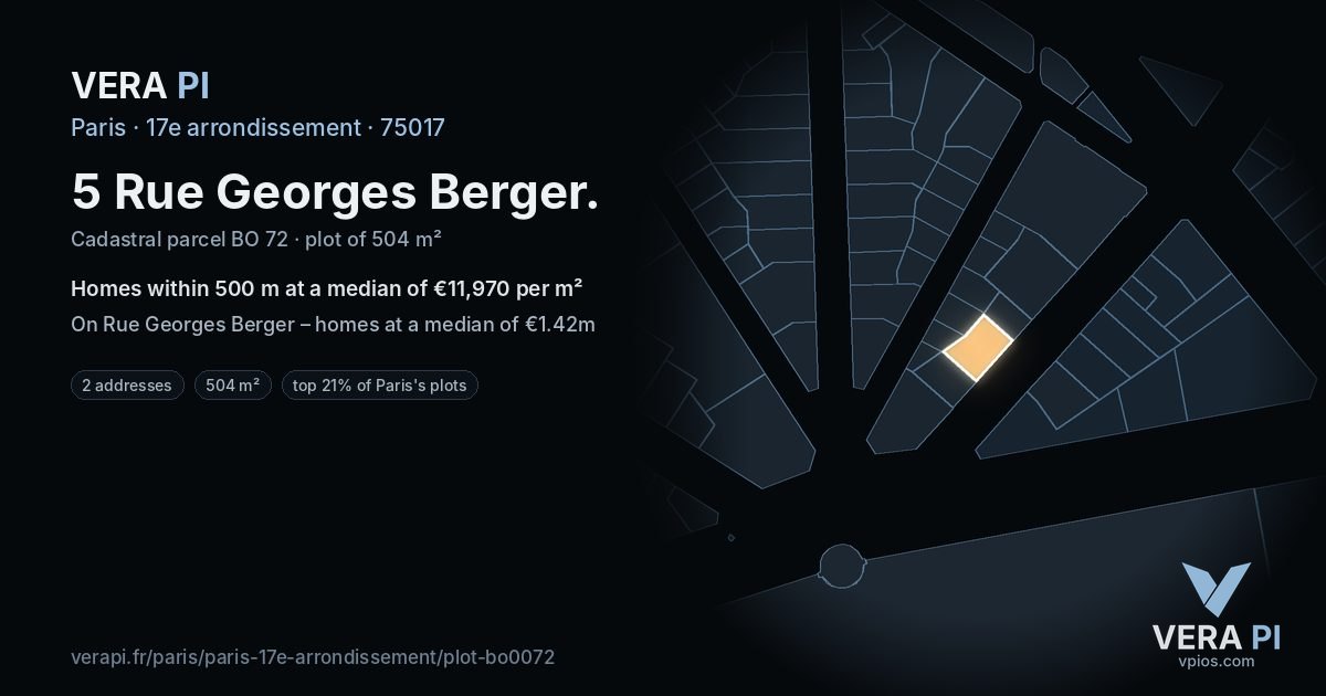 5 Rue Georges Berger, 17e arrondissement at night – the plot lit, the parcels around coloured by the prices near them