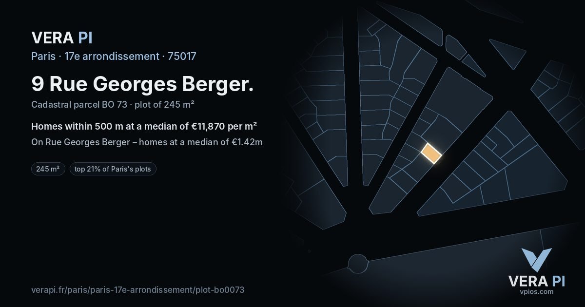 9 Rue Georges Berger, 17e arrondissement at night – the plot lit, the parcels around coloured by the prices near them