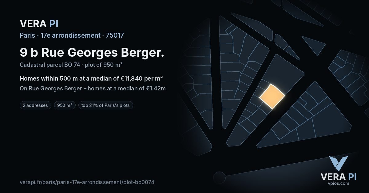 9 b Rue Georges Berger, 17e arrondissement at night – the plot lit, the parcels around coloured by the prices near them