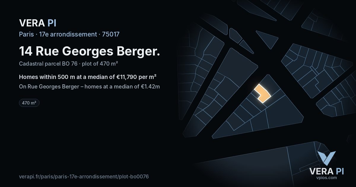 14 Rue Georges Berger, 17e arrondissement at night – the plot lit, the parcels around coloured by the prices near them