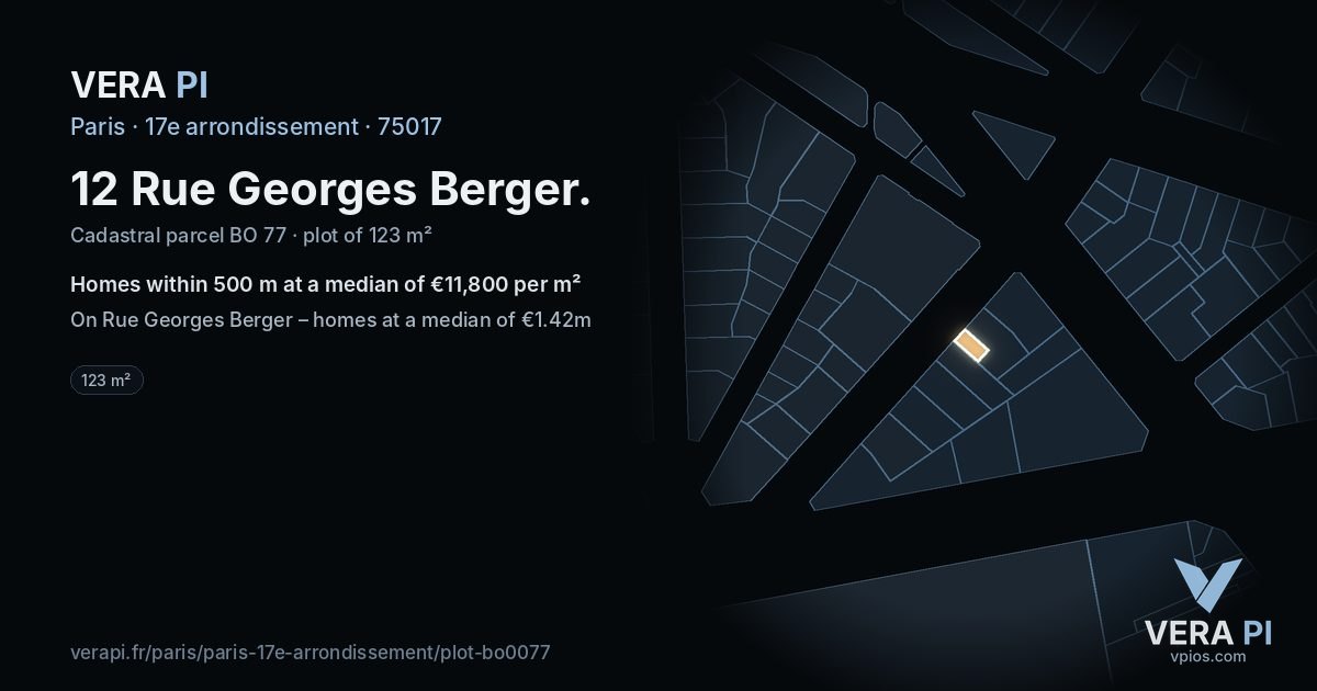 12 Rue Georges Berger, 17e arrondissement at night – the plot lit, the parcels around coloured by the prices near them
